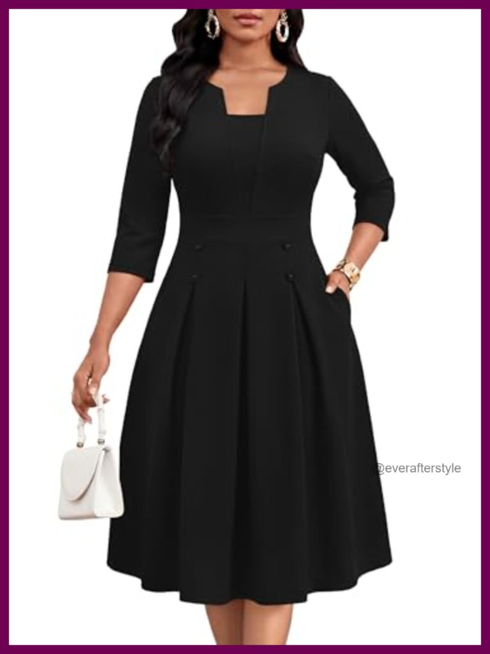 Women's A-Line Midi Dress, 3/4 Sleeve, V-Neck, Pockets, Stretchy